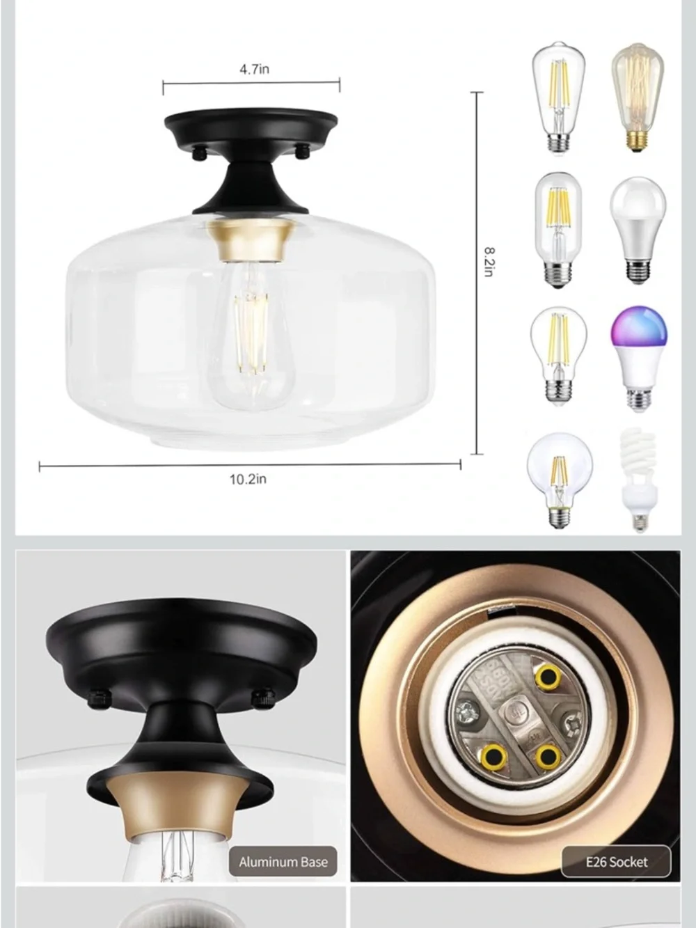 Clear Glass Semi-Flush Ceiling Lantern in Black and Gold